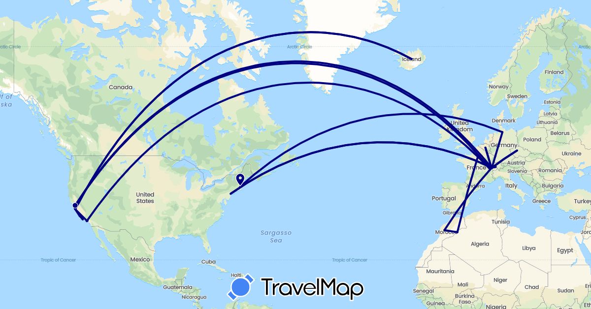 TravelMap itinerary: driving in Belgium, Switzerland, Czech Republic, Germany, France, United Kingdom, Iceland, Morocco, United States (Africa, Europe, North America)